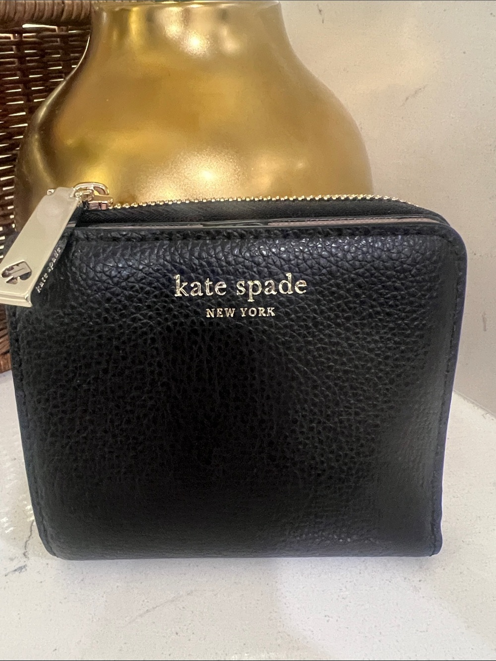 kate spade Black Pebbled Leather Zip-Around Wallet with Gold Logo